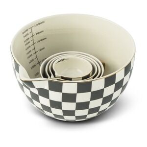 Thyme & Table 5-Piece Ceramic Mixing Bowl and Measuring Set, Black Checkered